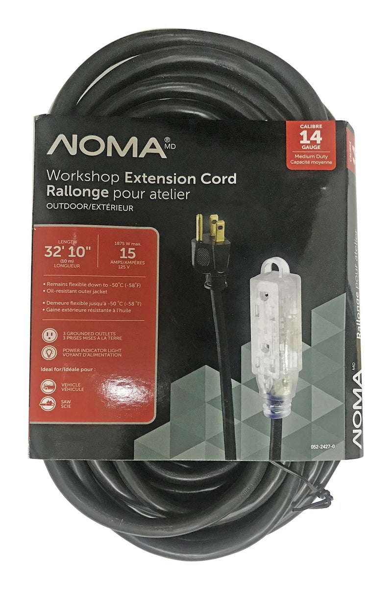 32-ft 10-in 14/3 Outdoor Extension Cord with 3 Grounded Outlets and Lighted End, Black J0C2