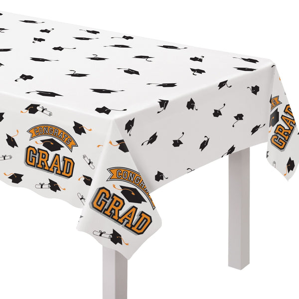 "Congrats Grad" Rectangle Plastic Reusable Table Cover, Orange, 54x84-in, for Graduation A1X9