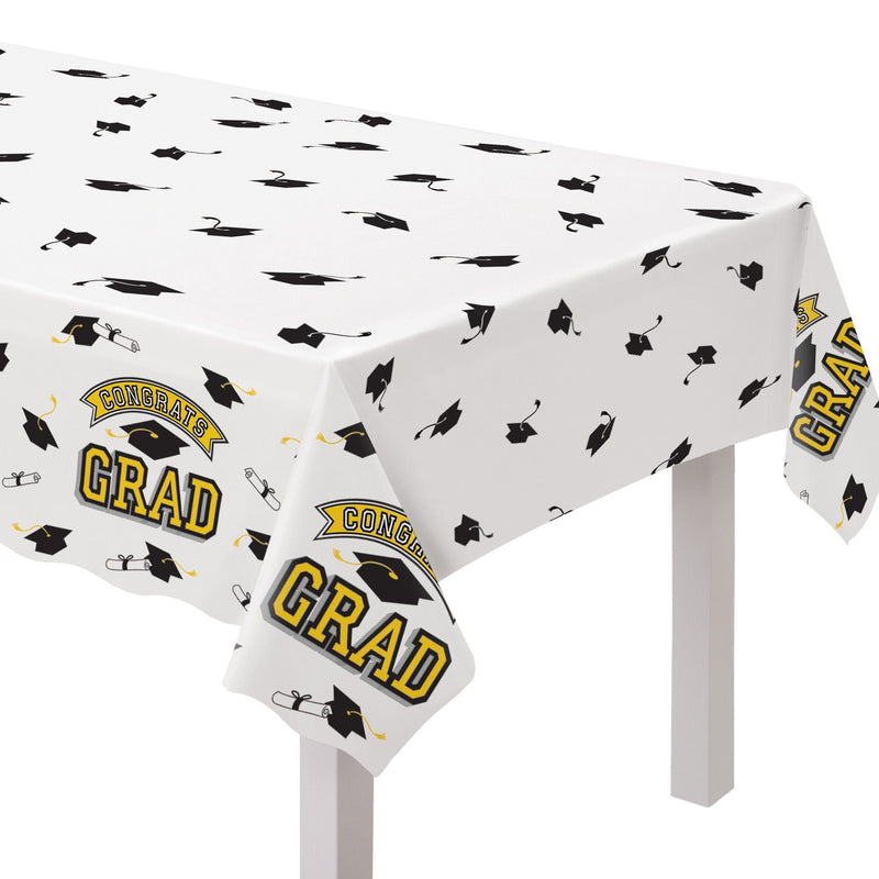 "Congrats Grad" Rectangle Plastic Reusable Table Cover, Yellow, 54x84-in, for Graduation N6N0